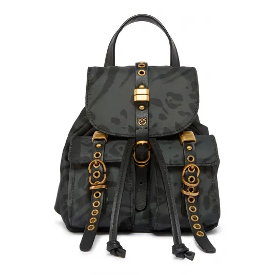 Pinko, Rucsac cu model si buzunare frontale cu clapa, Negru, Mint
