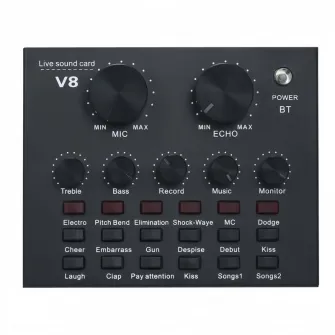 Placa de sunet V8 Webcast, pentru live, podcast si muzica, Interfata Audio USB, cu 18 efecte, Negru