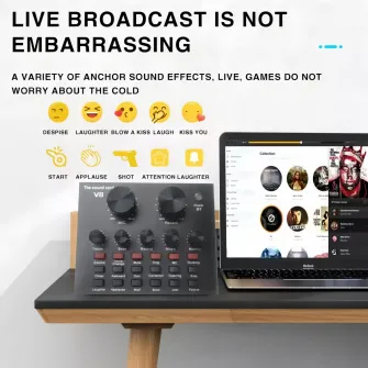 Placa de sunet V8 Webcast, pentru live, podcast si muzica, Interfata Audio USB, cu 18 efecte, Negru