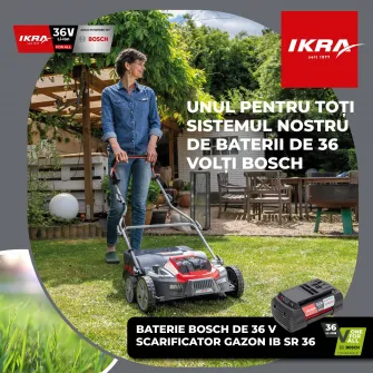 Scarificator/aerator electric 3 in 1 pe acumulator Ikra IB-SR 36, 36V, rola scarificare cu 20 lame, rola aerare cu 44 arcuri, sac colector 45 l, compatibilitate cu acumulatorul BOSCH One-For-All 36V, nu inlcude acumulator si incarcator