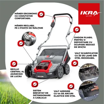 Scarificator/aerator electric 3 in 1 pe acumulator Ikra IB-SR 36, 36V, rola scarificare cu 20 lame, rola aerare cu 44 arcuri, sac colector 45 l, compatibilitate cu acumulatorul BOSCH One-For-All 36V, nu inlcude acumulator si incarcator