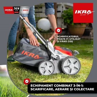 Scarificator/aerator electric 3 in 1 pe acumulator Ikra IB-SR 36, 36V, rola scarificare cu 20 lame, rola aerare cu 44 arcuri, sac colector 45 l, compatibilitate cu acumulatorul BOSCH One-For-All 36V, nu inlcude acumulator si incarcator