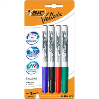 Set 4 Markere de tabla alba BIC Velleda 1741, varf rotund mediu, culori asortate, blister