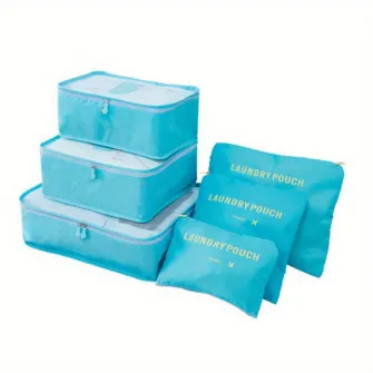 Set 6 Organizatoare Calatorie, Impermeabile, pentru Bagaj, Haine, Cosmetice, Pantofi, Marimi Diferite, Baby Blue