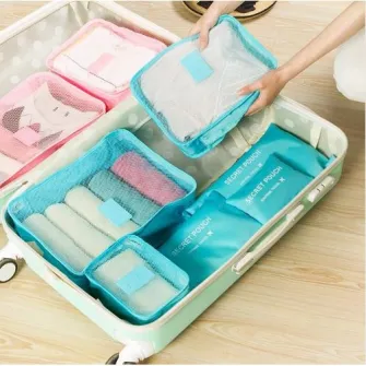 Set 6 Organizatoare Calatorie, Impermeabile, pentru Bagaj, Haine, Cosmetice, Pantofi, Marimi Diferite, Baby Blue