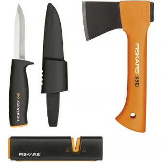 Set Camping Fiskars: Topor Fiskars X5-XXS + Cutit utilitar Fiskars K40 + Ascutitor topoare si cutite Fiskars XSharp