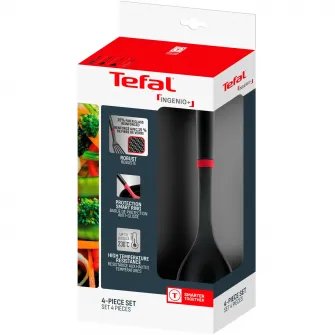 Set ustensile bucatarie Tefal Ingenio+, 4 piese, rezistenta la temperaturi inalte, compatibilitate cu masina de spalat vase, plastic, negru & rosu