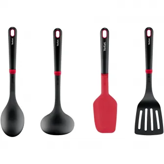 Set ustensile bucatarie Tefal Ingenio+, 4 piese, rezistenta la temperaturi inalte, compatibilitate cu masina de spalat vase, plastic, negru & rosu
