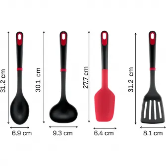 Set ustensile bucatarie Tefal Ingenio+, 4 piese, rezistenta la temperaturi inalte, compatibilitate cu masina de spalat vase, plastic, negru & rosu