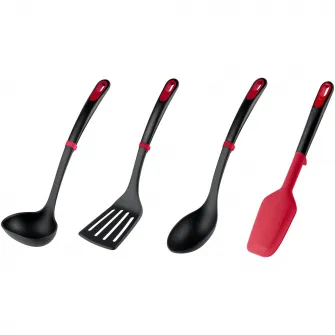 Set ustensile bucatarie Tefal Ingenio+, 4 piese, rezistenta la temperaturi inalte, compatibilitate cu masina de spalat vase, plastic, negru & rosu