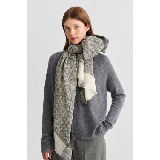 Tatuum, Fular din lana cu model herringbone, Alb fildes, Grej