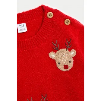 Marks & Spencer, Pulover cu decolteu la baza gatului si model, Rosu, Maro deschis, 62-69 CM