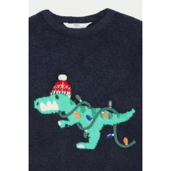 Marks & Spencer, Pulover tricotat cu dinozaur brodat, Verde, Albastru ultramarin, 98-104 CM