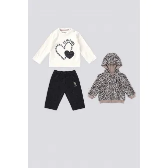 U.S. Polo Assn., Set de bluza, pantaloni si hanorac, Negru, Crem, 68-74 CM