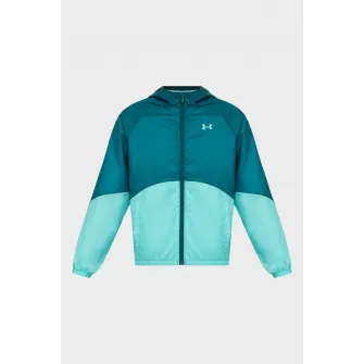 Under Armour, Jacheta cu gluga si fermoar pentru antrenament Windbreaker, Turcoaz, Verde persan, 127-137 CM