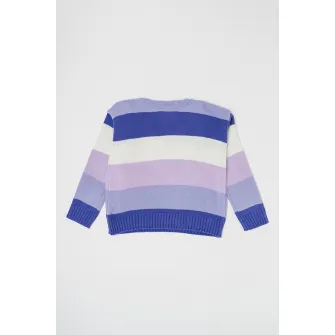 United Colors of Benetton, Pulover cu decolteu la baza gatului si model in dungi, Alb, Violet, Lila, 140 CM
