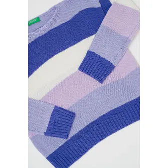 United Colors of Benetton, Pulover cu decolteu la baza gatului si model in dungi, Alb, Violet, Lila, 140 CM