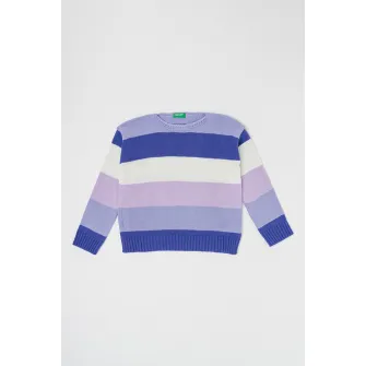 United Colors of Benetton, Pulover cu decolteu la baza gatului si model in dungi, Alb, Violet, Lila, 140 CM