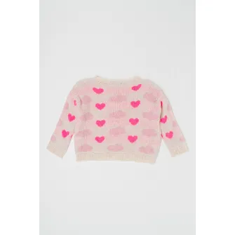 United Colors of Benetton, Pulover cu imprimeu cu inimi, Alb murdar, Roz, 90 CM