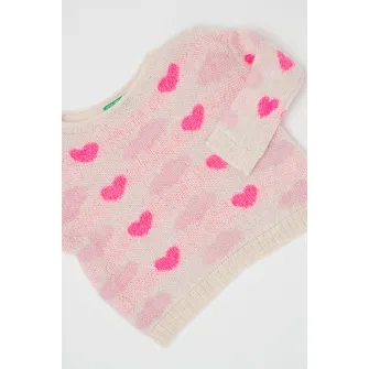 United Colors of Benetton, Pulover cu imprimeu cu inimi, Alb murdar, Roz, 90 CM