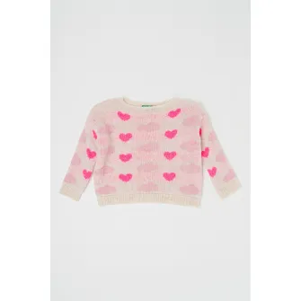 United Colors of Benetton, Pulover cu imprimeu cu inimi, Alb murdar, Roz, 90 CM
