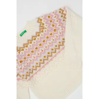 United Colors of Benetton, Pulover cu model si insertii stralucitoare, Auriu, Alb murdar, Roz, 140 CM