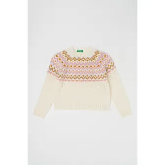 United Colors of Benetton, Pulover cu model si insertii stralucitoare, Auriu, Alb murdar, Roz, 140 CM