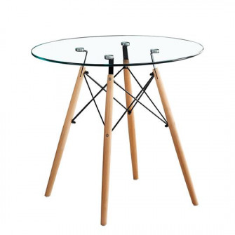 Masa dining / bucatarie Kring Ellington, blat rotund din sticla securizata, 80xH73 cm, picioare lemn, Transparent/Lemn natur