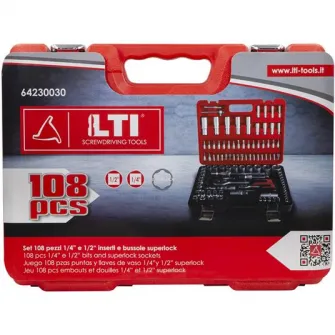 Trusa profesionala pentru auto LTI, contine capete chei tubulare si accesorii cu diferite lungimi si prindere de 1/2-1/4”, 108 piese