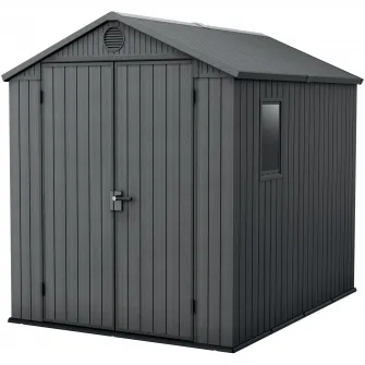 Casuta de gradina Keter Darwin, 6x8, 190 x 244 x 221cm, plastic Evotech, gri, aspect lemn, fereastra