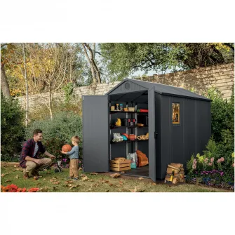 Casuta de gradina Keter Darwin, 6x8, 190 x 244 x 221cm, plastic Evotech, gri, aspect lemn, fereastra