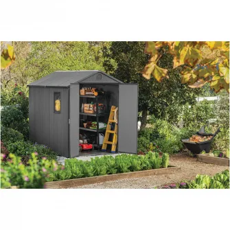 Casuta de gradina Keter Darwin, 6x8, 190 x 244 x 221cm, plastic Evotech, gri, aspect lemn, fereastra