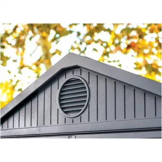 Casuta de gradina Keter Darwin, 6x8, 190 x 244 x 221cm, plastic Evotech, gri, aspect lemn, fereastra