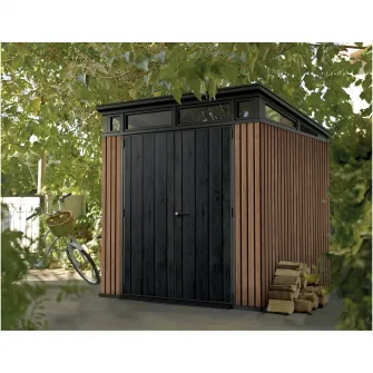 Casuta de gradina Keter Pent 7x7, 218 x 216 x 226cm, plastic DecoCoat, maro, usa dubla, ferestre