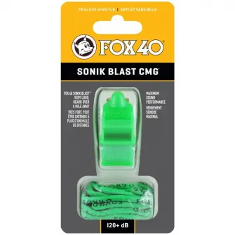 Fluier Fox 40 Sonik CMG cu snur, verde fluo/alb