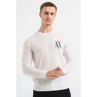ARMANI EXCHANGE, Pulover tricotat fin de lana cu logo, Alb fildes, 2XL