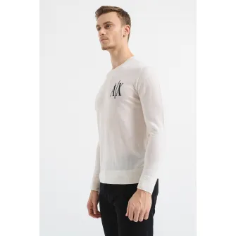 ARMANI EXCHANGE, Pulover tricotat fin de lana cu logo, Alb fildes, 2XL
