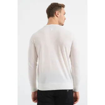 ARMANI EXCHANGE, Pulover tricotat fin de lana cu logo, Alb fildes, 2XL