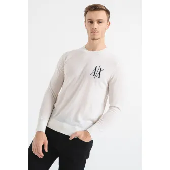 ARMANI EXCHANGE, Pulover tricotat fin de lana cu logo, Alb fildes, 2XL