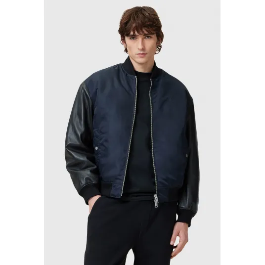 AllSaints, Jacheta bomber cu maneci de piele Myler, Negru, Bleumarin, M