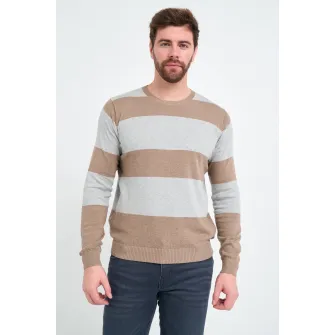 KVL by KENVELO, Pulover din bumbac cu model in dungi, Bej, Alb murdar, 2XL