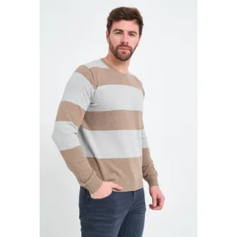KVL by KENVELO, Pulover din bumbac cu model in dungi, Bej, Alb murdar, 2XL