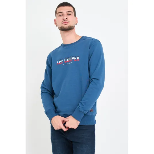Lee Cooper, Bluza de trening din amestec de bumbac cu imprimeu logo, Rosu, Alb, Albastru inchis, S