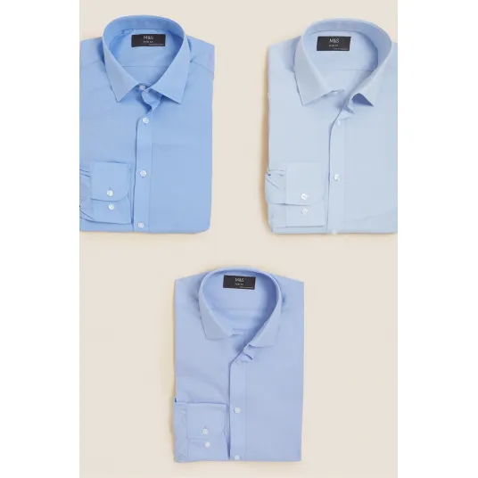 Marks & Spencer, Set de camasi slim fit - 3 piese, Albastru deschis, 17.5