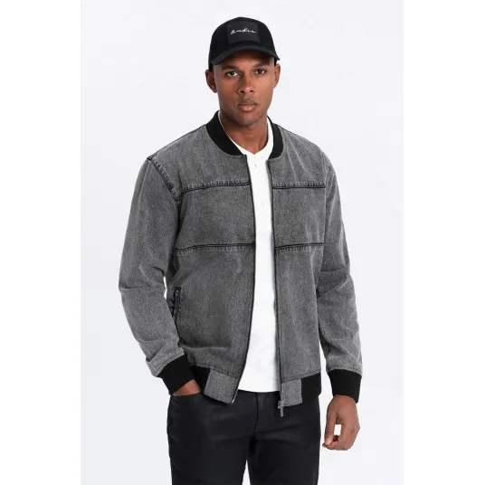 OMBRE, Jacheta bomber din denim, Gri inchis, 2XL