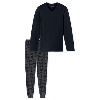 Schiesser, Pijama lunga cu imprimeu grafic, Albastru inchis, 2XL
