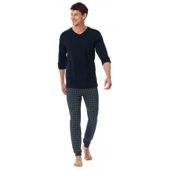 Schiesser, Pijama lunga cu imprimeu grafic, Albastru inchis, 2XL