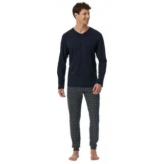 Schiesser, Pijama lunga cu imprimeu grafic, Albastru inchis, 2XL