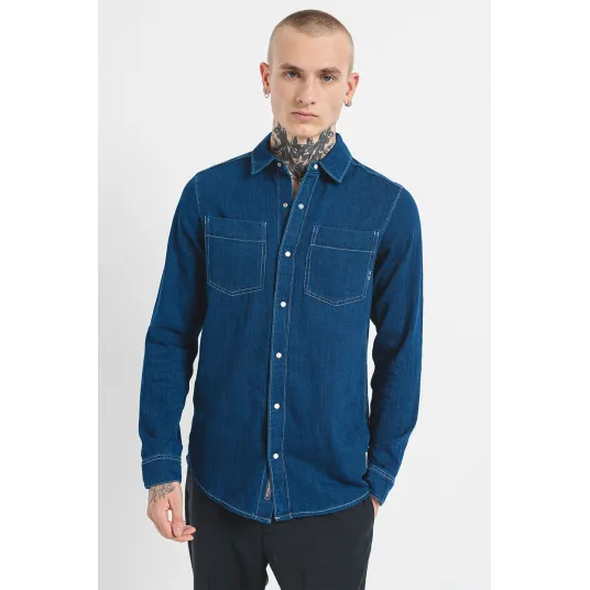 Scotch & Soda, Camasa de denim cu cusaturi contrastante, Bleumarin, S
