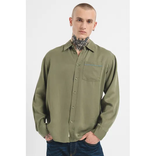 Scotch & Soda, Camasa de lyocell cu buzunar pe piept, Sparanghel, S